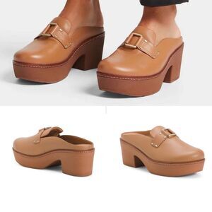 FITFLOP NWB Sz 8 Latte Tan Pilar Stud Buckle Leather Platform Mules